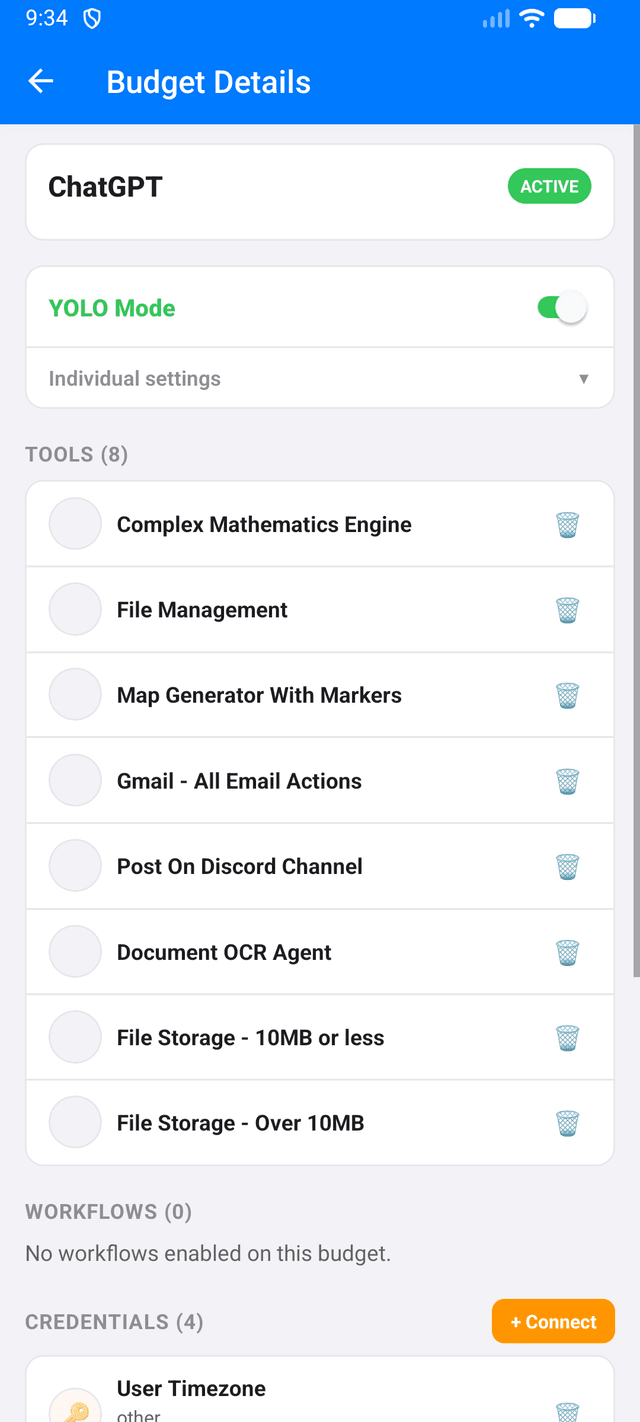 Budget Detail - View tools, workflows, and credentials on each budget