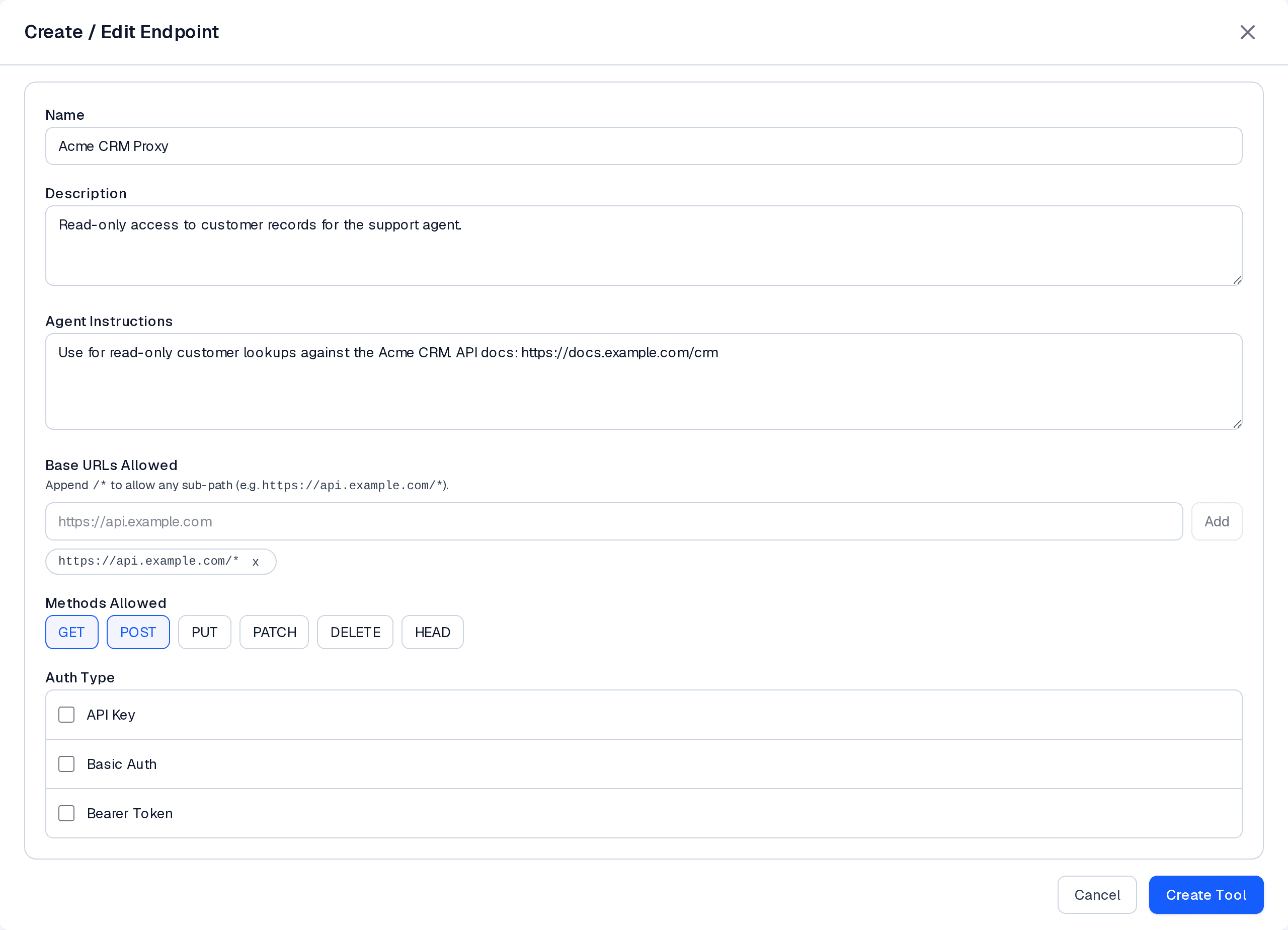 Endpoint builder step one showing Name, Description, Agent Instructions, a wildcard Base URL pill, and GET and POST method allowlist selections.