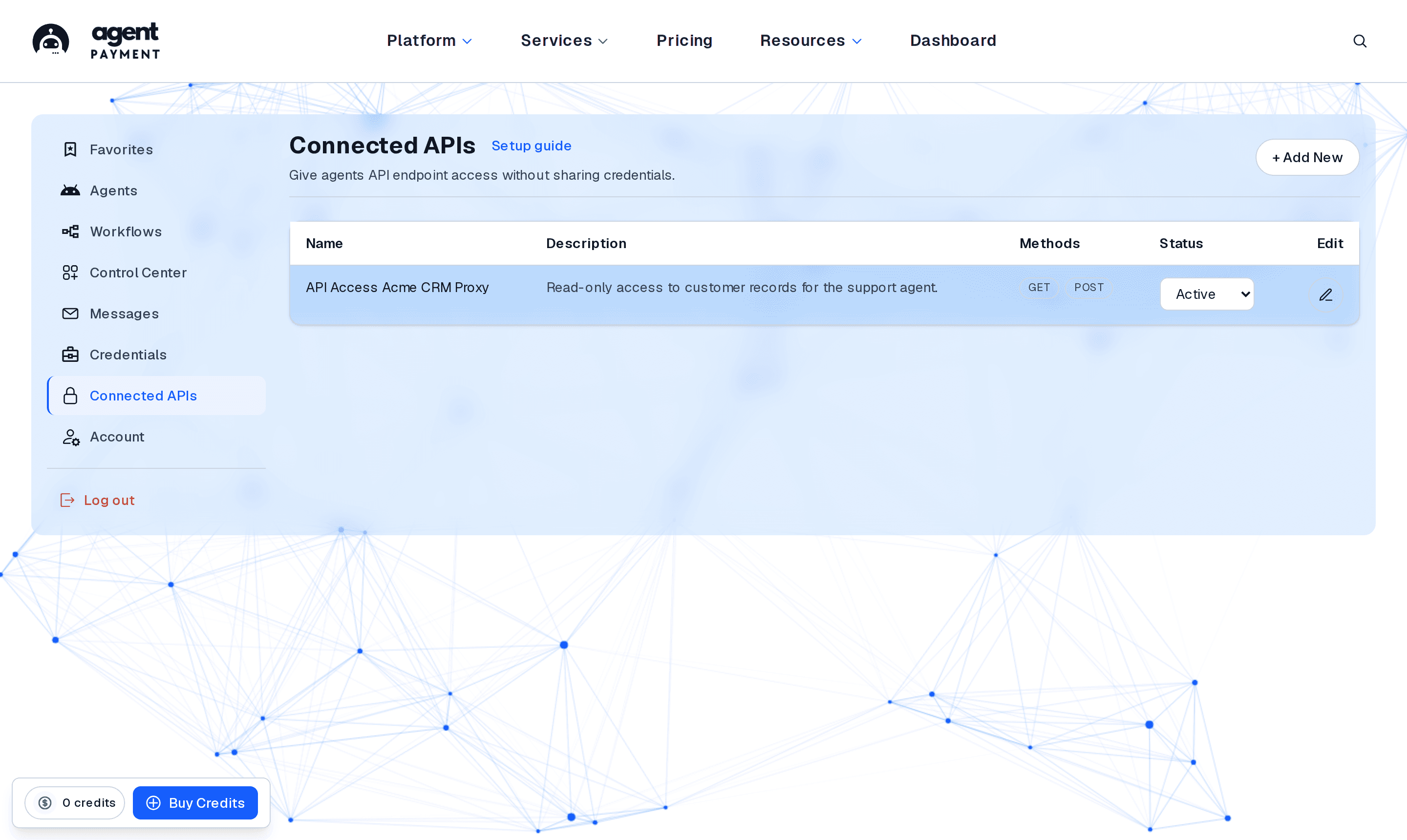 Connected APIs dashboard listing a live Acme CRM proxy endpoint with POST and GET methods allowed and Active status.