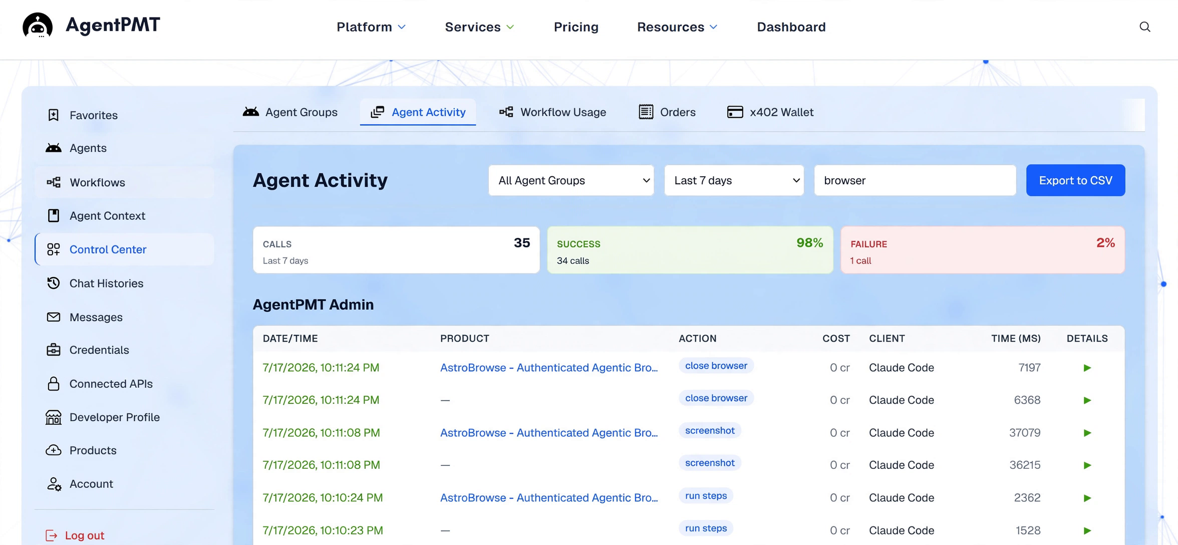 AstroBrowse agent activity dashboard showing logged sessions, actions taken, pages visited, and errors