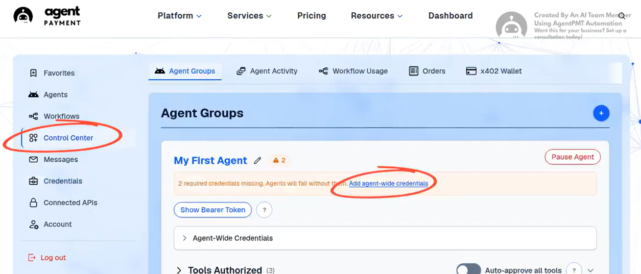 AgentPMT agent group settings showing where to add credentials to the group