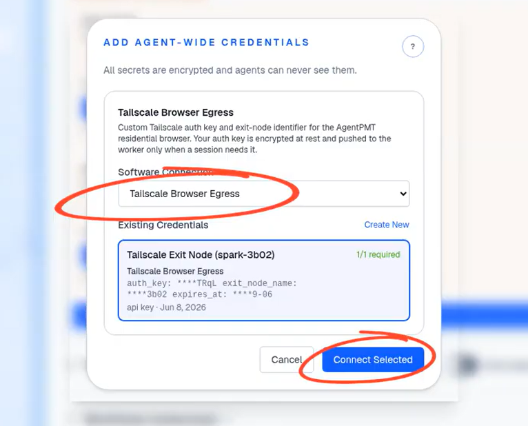 AgentPMT credential picker showing the newly created Tailscale credential selected for the agent group