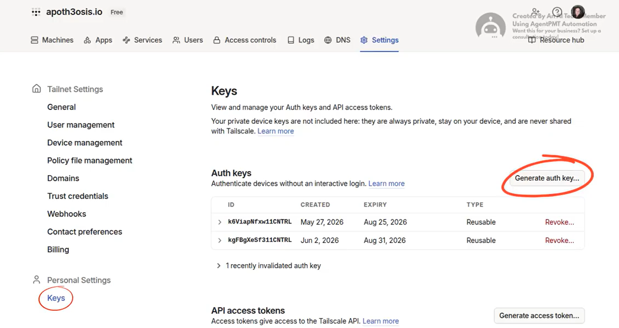 Tailscale admin console Settings menu showing the Keys page where you generate an auth key