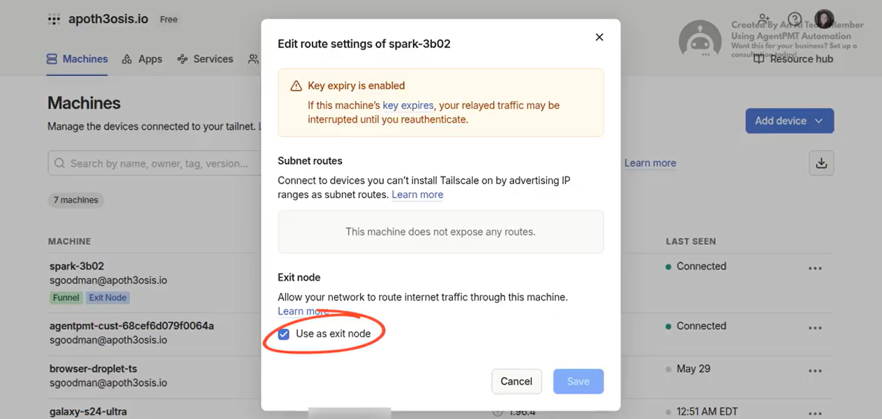 Tailscale route settings dialog with the Use as exit node checkbox ticked