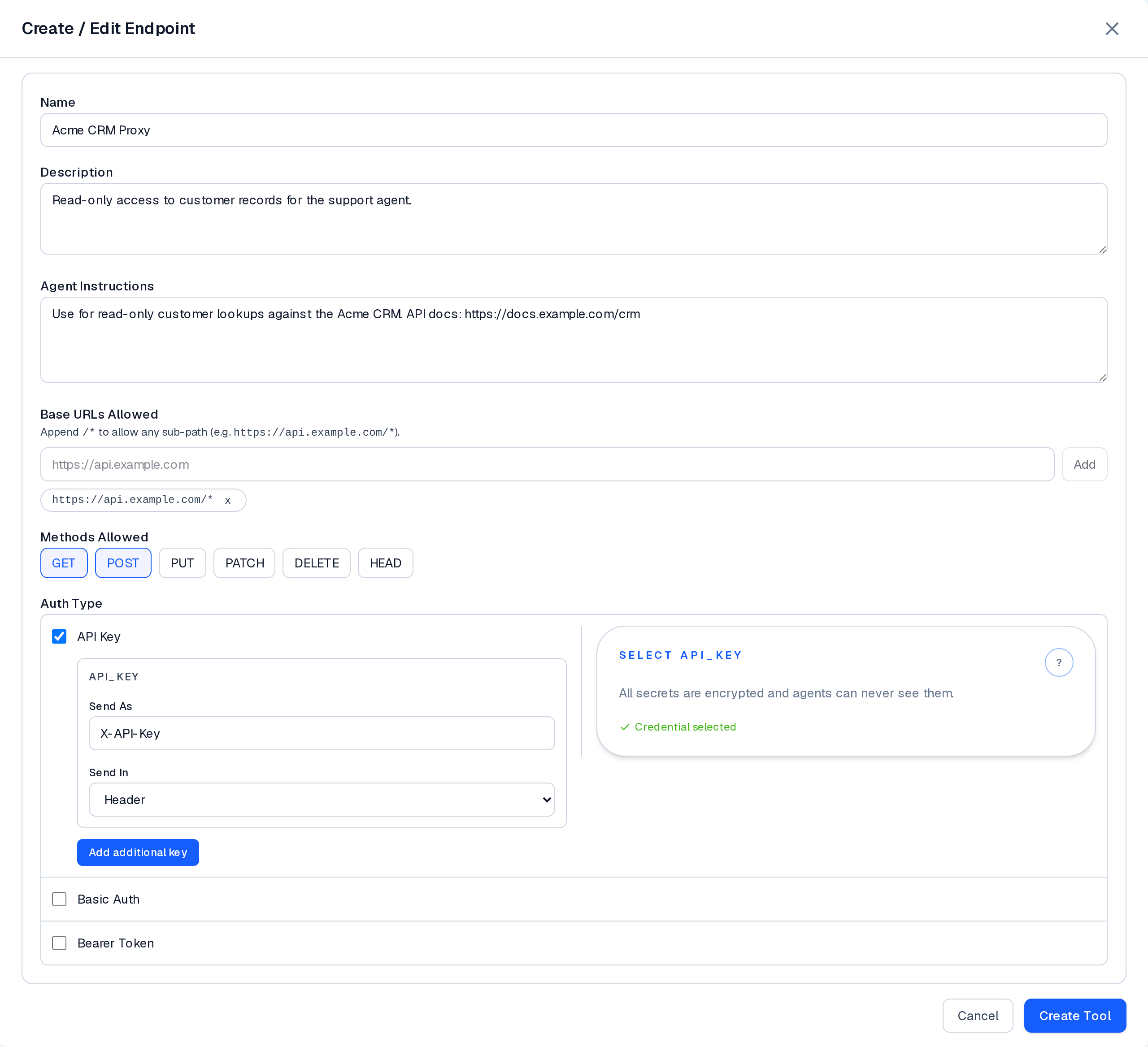 Connected API builder credential step showing a selected credential.