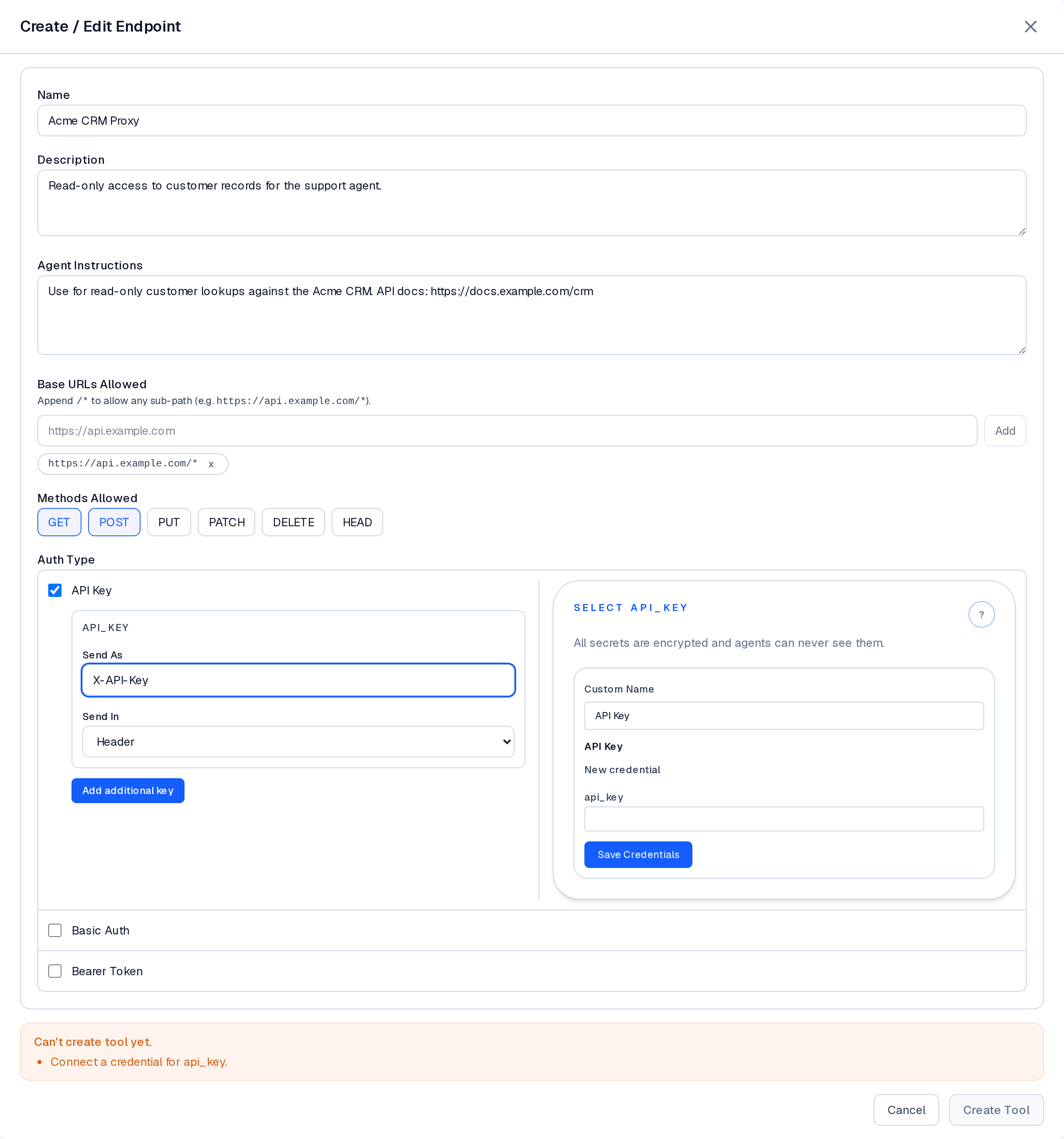 Connected API builder auth step with API key authentication selected and injection target fields.