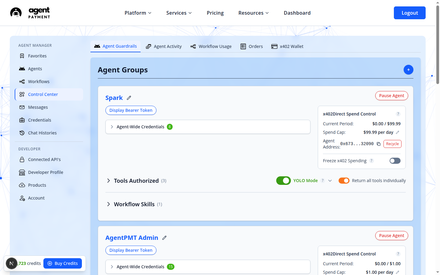 AgentPMT dashboard control center where Agent Groups, tools, credentials, spending, and activity are managed.